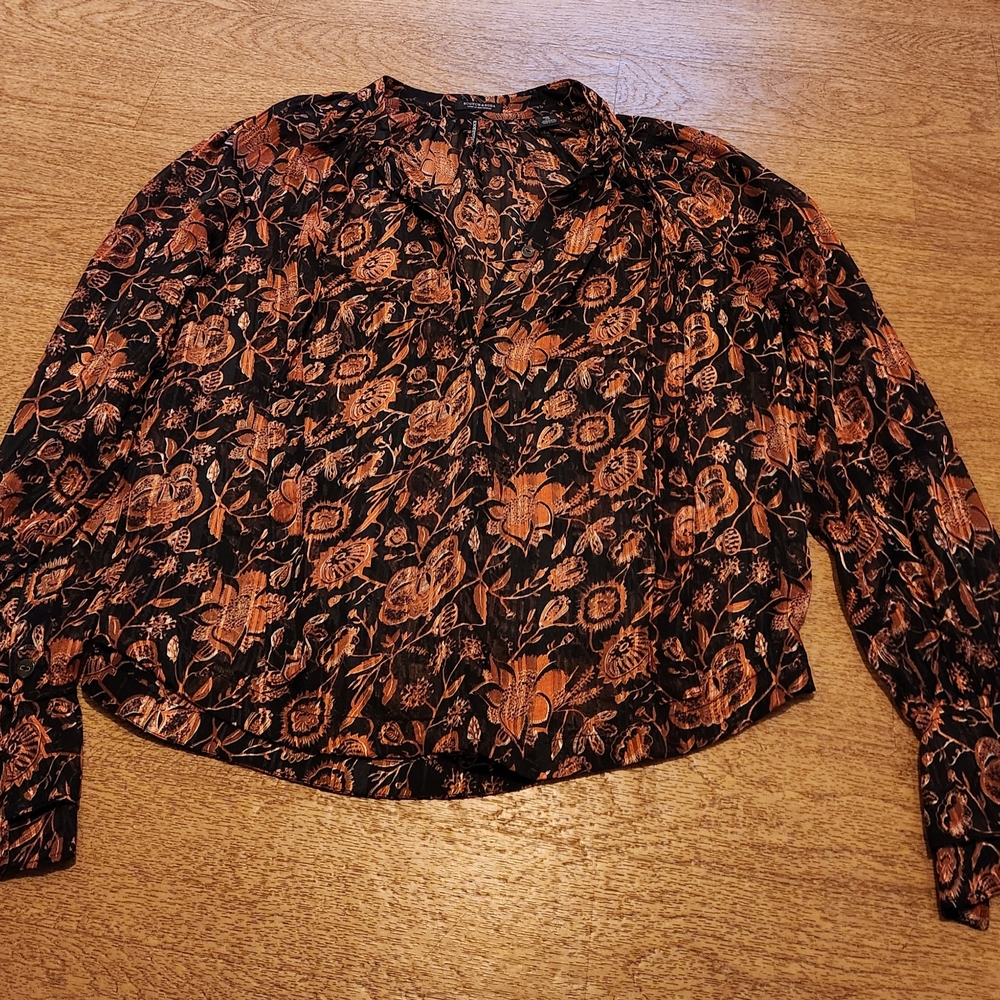 Scotch & Soda Black and Orange Floral Blouse w Layered Cuffs & Neck Tie Closure